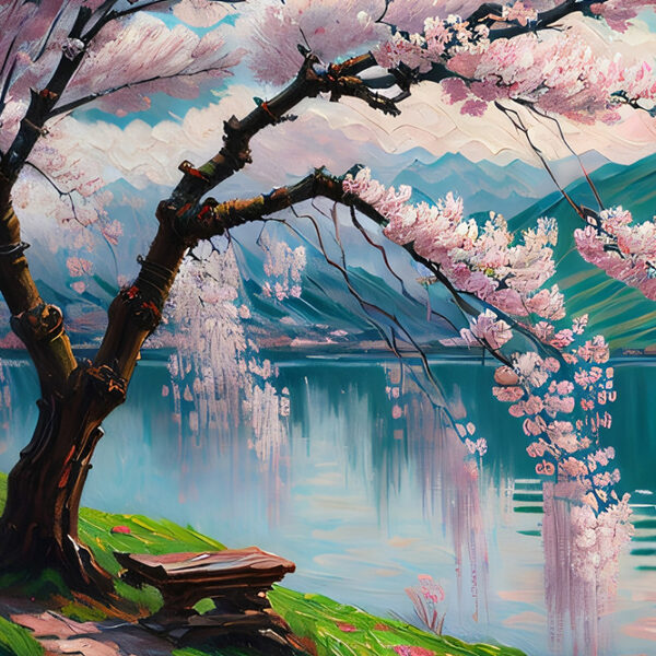 Sakura Blossoms by the Lake – Oil painting (unframed art)