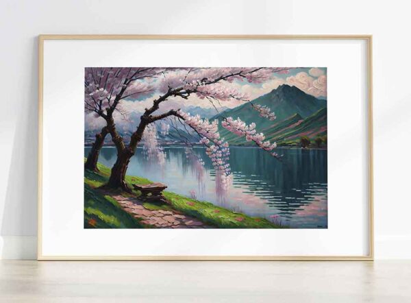 Sakura Blossoms by the Lake - Oil painting (unframed art)